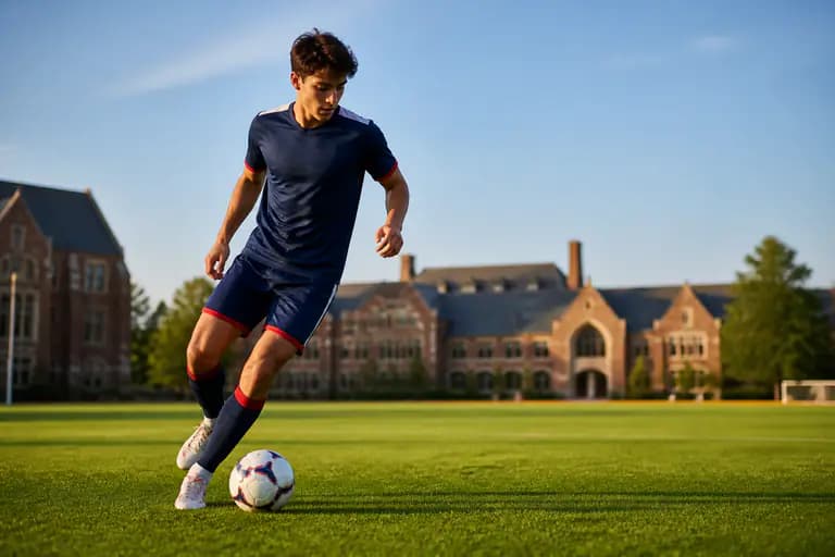 Futbolista universitario internacional compitiendo en un campus de Estados Unidos