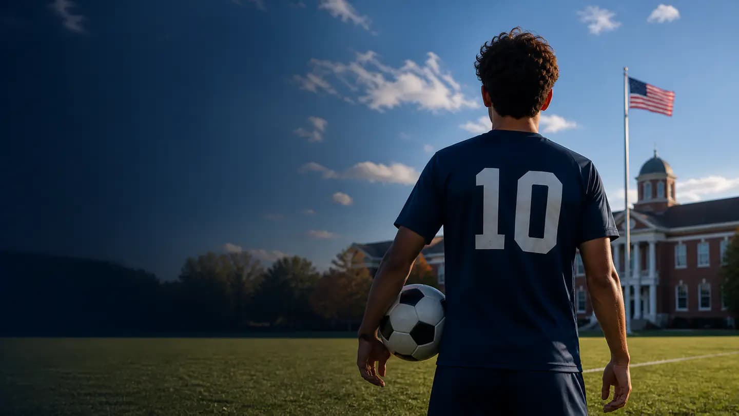 Student-athlete hispano frente a un campus universitario de Estados Unidos